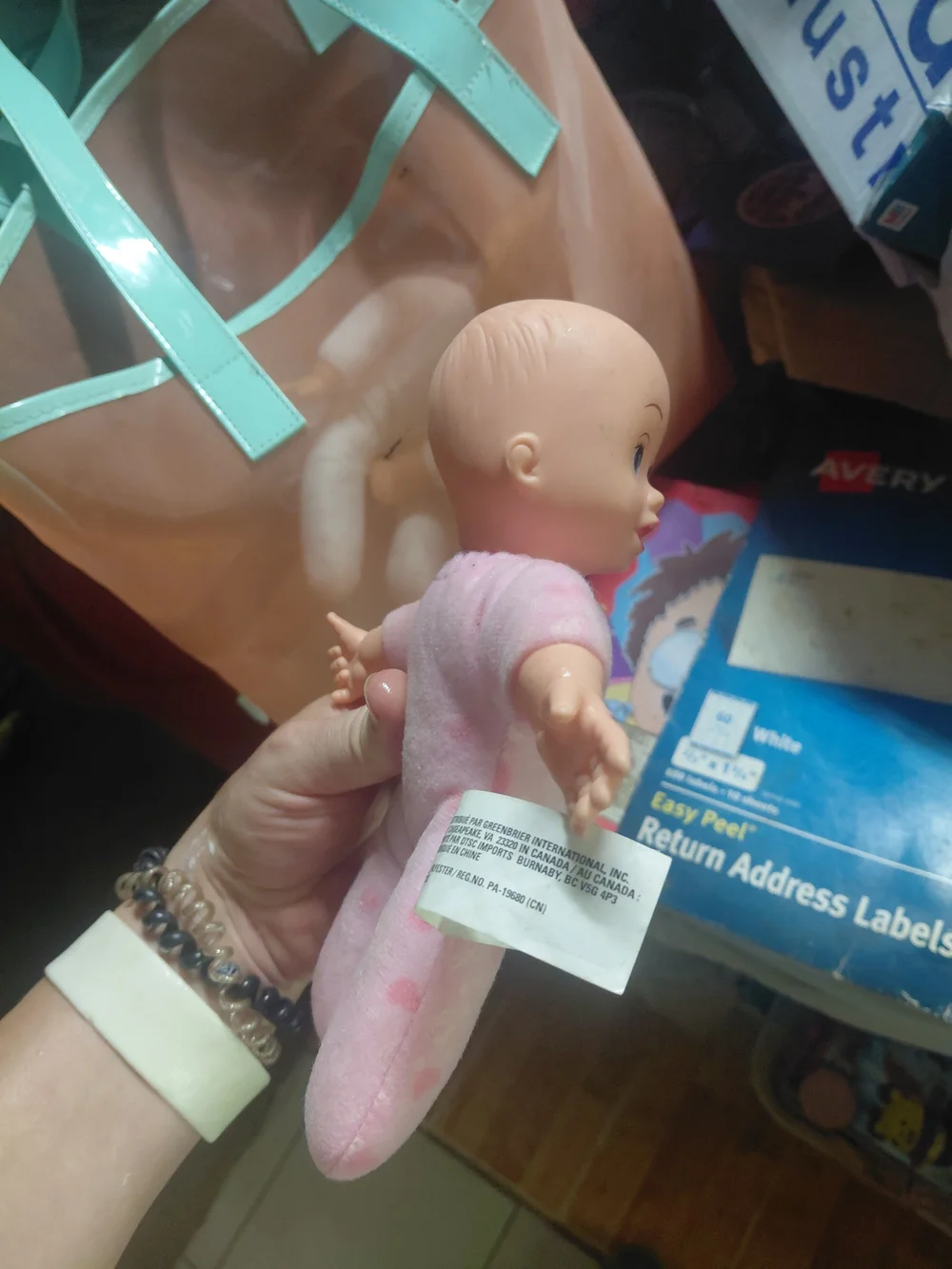 Greenbrier International blue eyed baby doll in pink hearts pajamas